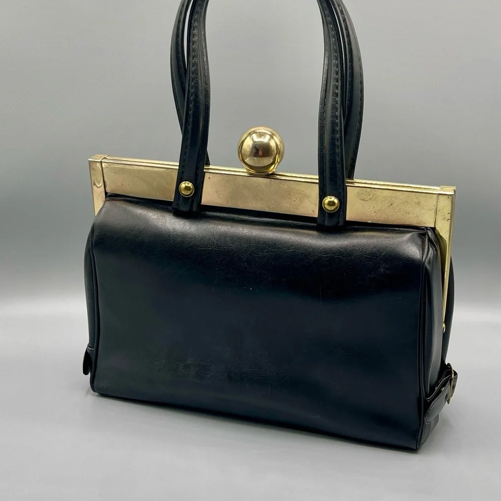 Vintage 1960s Faux Leather Handbag, Black, Ball Clasp, Framed, Art Deco